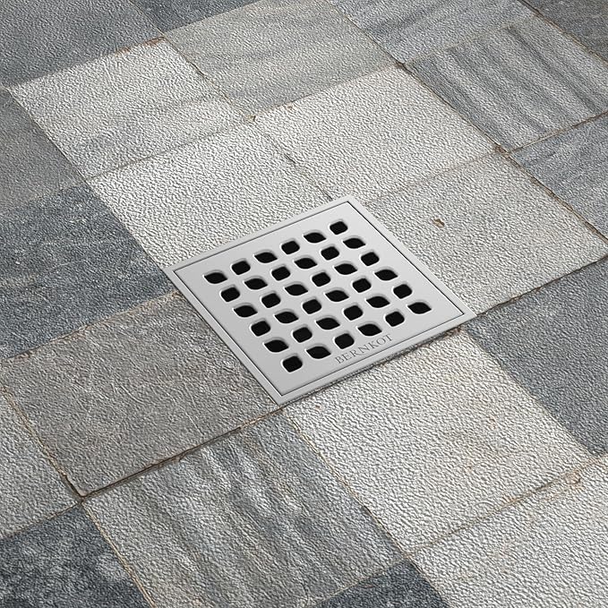 Square Shower Drain, 4" Brushed 304 Stainless Steel Drain Grate Removable Drain Key with PVC Bonding Flange Base for Low Profile Shower Floor Tiles, CUPC Certified