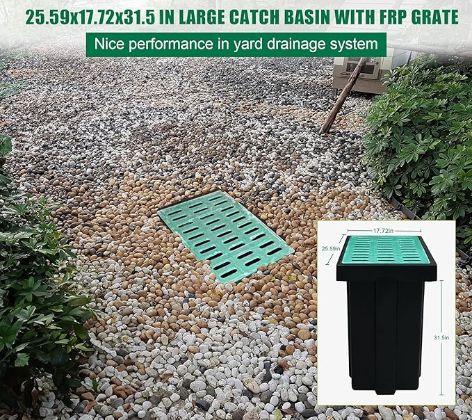 Catch Basin for Drainage with Fiber Glass Grate-26x18x32 in. Large Drainage Basin with Debris Basket,A15 French Drain Basin Without Reserved Hole for Yard,Downspout,Lawn,Municipal Pipeline