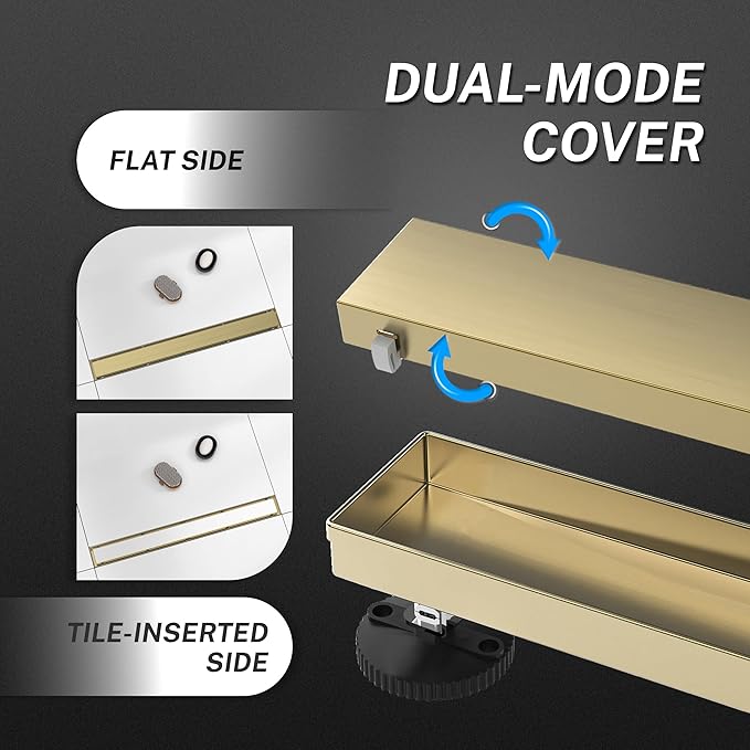 Linear Shower Drain. 24 Inch Shower Trench Drain with 2-in-1 Flat Cover & Inser Cover,304 Stainless Rectangle Steel Shower Floor Drain with Hair Strainer and Leveling Feet(Gold, 24 in)