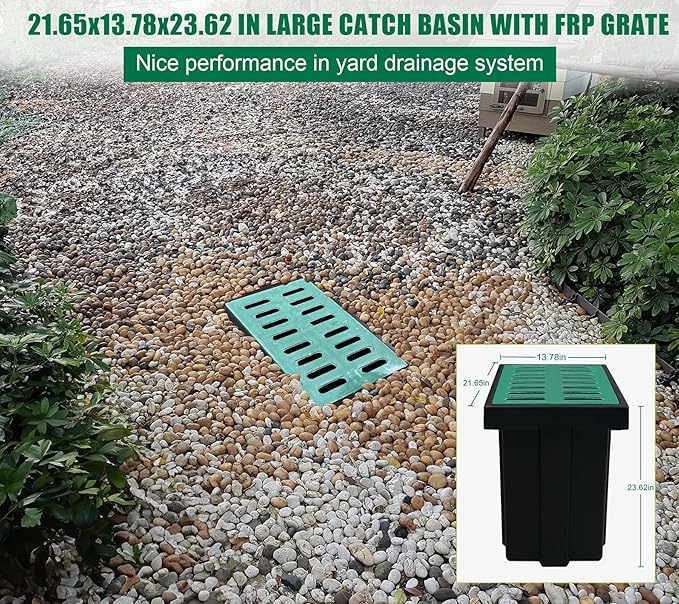 Catch Basin for Drainage with Fiber Glass Grate-22x14x24 in. Large Drainage Basin with Debris Basket,A15 French Drain Basin Without Reserved Hole for Yard,Downspout,Lawn,Municipal Pipeline