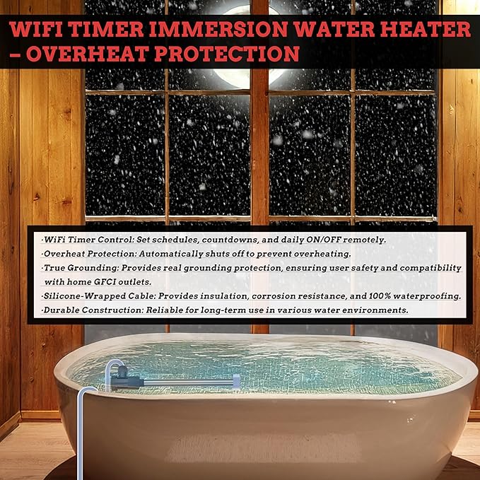 3500W 240V Inflatable Pool 316 Immersion Water Heater with Wifi Timer & Temp Control – Portable Submersible Heater for Spa, Bucket, Above-Ground Pool, Baptismal Pool, Hot Tub & Bathtub