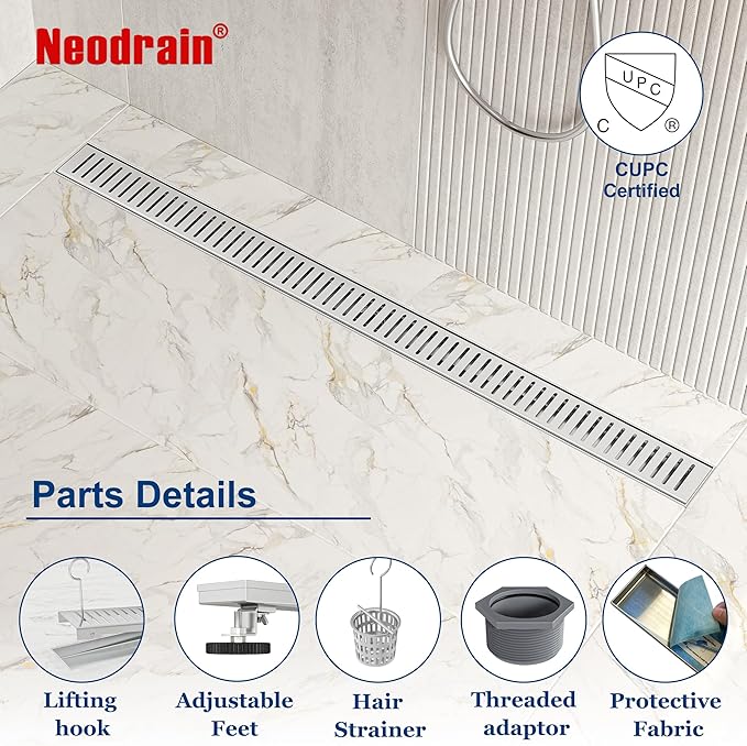 Neodrain 36" Brushed Linear Shower Drain Shower Linear Drain, Removable Capsule Pattern Grate, Bathroom 304 Stainless Steel Rectangle Shower Floor Drains- CUPC Certified