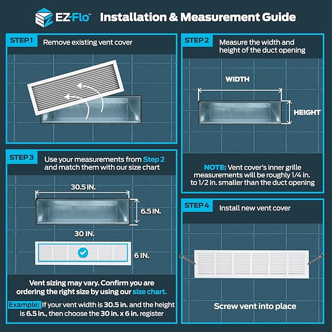 EZ-FLO 30 x 6 Inch (Duct Opening) Return Air Vent Cover for Wall or Ceiling, Solid Steel Return Air Grille, HVAC Vent Cover, White, 61630