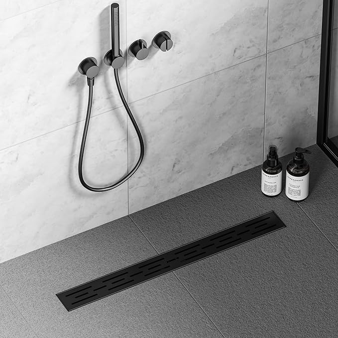 Neodrain 32 in Matte Black Linear Shower Drain, Rectangular Linear Shower Drain with Brick Pattern Grate, Brushed 304 Stainless Steel Bathroom Floor Drain