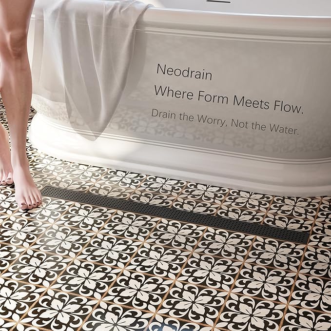 Neodrain 32-Inch Black Linear Shower Drain with Removable Quadrato Pattern Grate,Professional 304 Stainless Steel Rectangle Shower Floor Drain Manufacturer,Leveling Feet,Hair Strainer,Matte Black