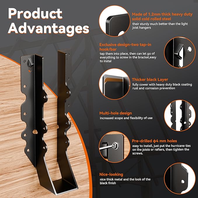 20 Pcs Black Joist Hangers 2X10, Rafter Brackets , Hurricane Straps for 2x10 Face Mount Joist Hangers 2X10 for Shed/Barn/Coop/Porch/Truss, Structurally Sound and Aesthetically Pleasing