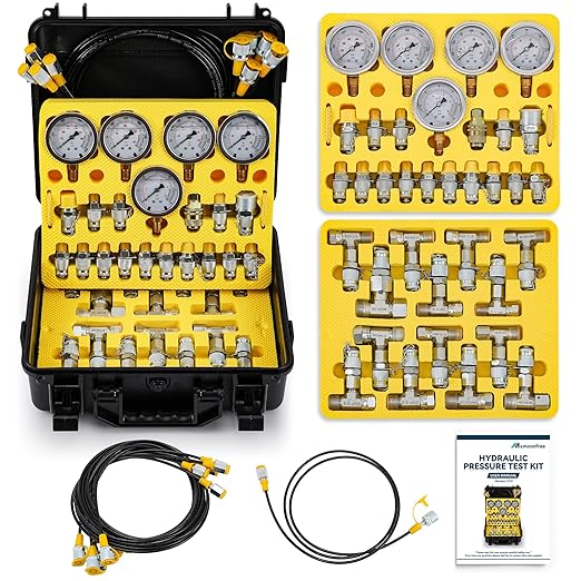 Hydraulic Pressure Test Kit, 5 Gauges, 16 Couplings incl. 3 Extra NPT (3/8", 1/2", 3/4"), 14 Tee Connectors, 5 Hoses, for Excavators, Loaders, Tractors, Forklifts, Construction & Mining