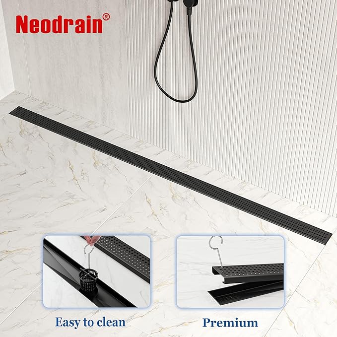 Neodrain 72-Inch Black Linear Shower Drain with Removable Quadrato Pattern Grate,Professional 304 Stainless Steel Rectangle Shower Floor Drain Manufacturer,Leveling Feet,Hair Strainer,Matte Black