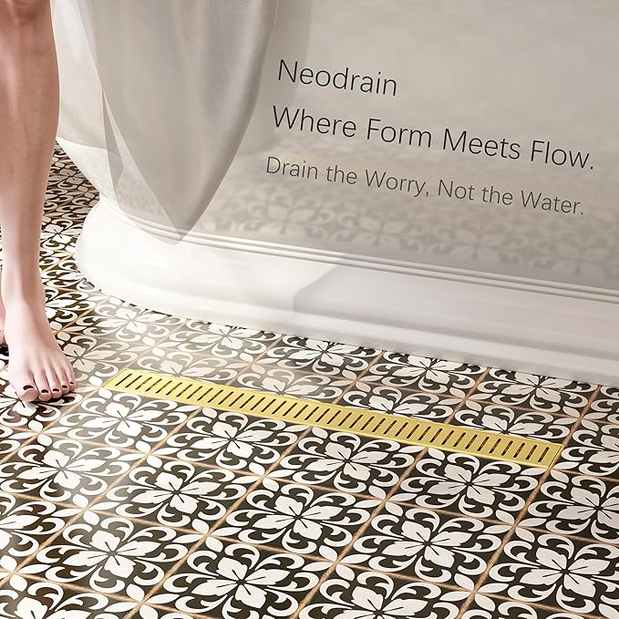 Neodrain 24" Gold Bathroom Linear Shower Drain with Removable Capsule Pattern Grate, 304 Stainless Steel Rectangle Shower Floor Linear Drain- Adjustable Leveling Feet,Hair Strainer, CUPC Certified