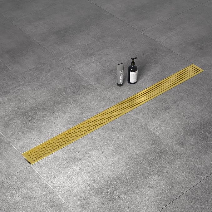 Linear Shower Drain 36", 304 Stainless Steel Floor Drain with Grid Drain Cover & Hair Strainer, Rectangular Shower Drain w/CUPC Certified, Brushed Gold
