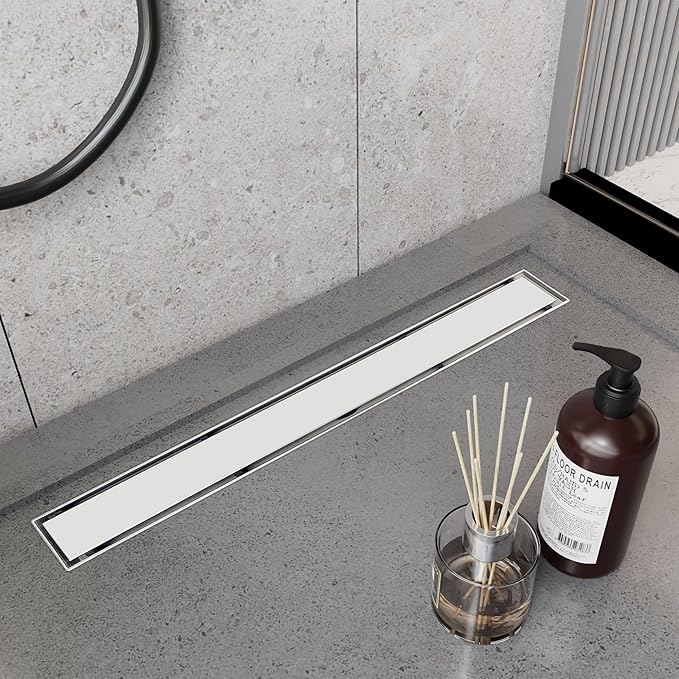 18 Inch Linear Shower Drain Brushed Floor Drain with Removable 2-in-1 Tile Insert Grate Cover and SUS304 Stainless Steel CUPC Certificate (18 inch)