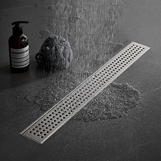 Linear Shower Floor Drain, Brushed Nickel 40 Inch 304 Stainless Steel Bathroom Drains Kit, Long Rectangular Shower Trench Drain with Square Pattern Drain Cover & Hair Catcher