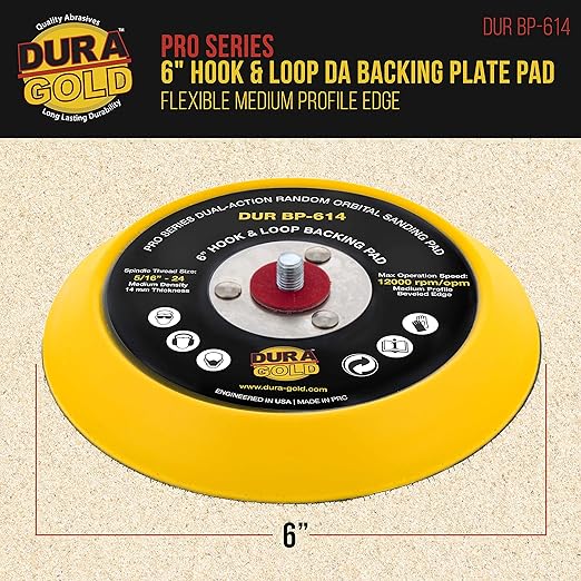 Dura-Gold Pro Series 6" Hook & Loop DA Backing Plate Pad - 14mm Thick Medium Profile Edge, Dual-Action Random Orbital Sanding Pad, 5/16" - 24 Threads - for Sander Polisher Auto Woodworking Sandpaper