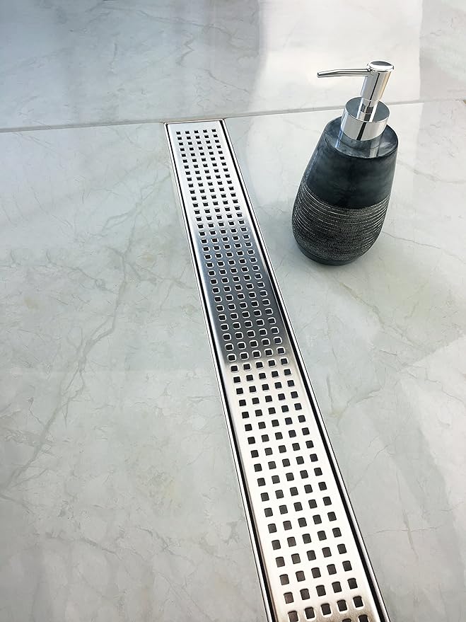 Neodrain 60-Inch Linear Shower Drain with Quadrato Pattern Grate, Professional Brushed 304 Stainless Steel Rectangle Shower Floor Drain Manufacturer, Linear Drain with Leveling Feet,Hair Strainer