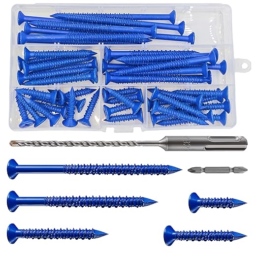 49 PCS) 1/4"" Concrete Screw Anchor Kit Blue Flat Head for Anchoring to Masonry, Block or Brick Stucco