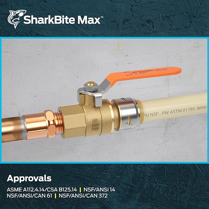 SharkBite Max 3/4 x 3/4 Inch Ball Valve with FNPT Connector, Push to Connect Brass Plumbing Fitting, PEX Pipe, Copper, CPVC, PE-RT, HDPE, UR22186A