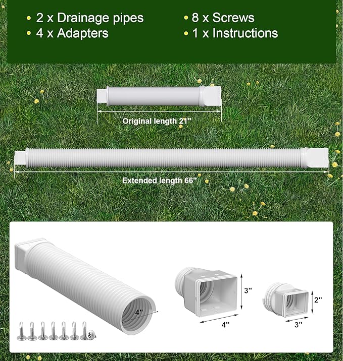Rain Gutter Downspout Extensions, Downspout Extender for Rainwater Drainage Flexible, Down Spout Drain Extension Pipe and Extendable from 21 to 66 Inches (2 Pack, White)
