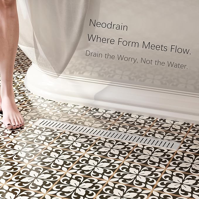 Neodrain 24" Brushed Linear Shower Drain Shower Linear Drain, Removable Capsule Pattern Grate, Bathroom 304 Stainless Steel Rectangle Shower Floor Drains- CUPC Certified