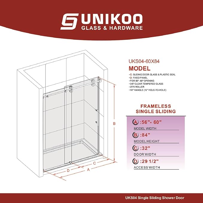 56-60 Inch x 84 Inch Sliding Frameless Shower Door, 3/8" Tempered Glass with Easy-Cleaning Coating, Stainless Steel Rollers & SGCC-Certified Stability, Satin Brass