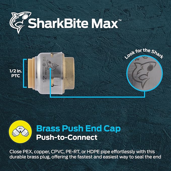 SharkBite Max 1/2 Inch Push Cap, Push to Connect Brass Plumbing Fitting, PEX Pipe, Copper, CPVC, PE-RT, HDPE, UR514A