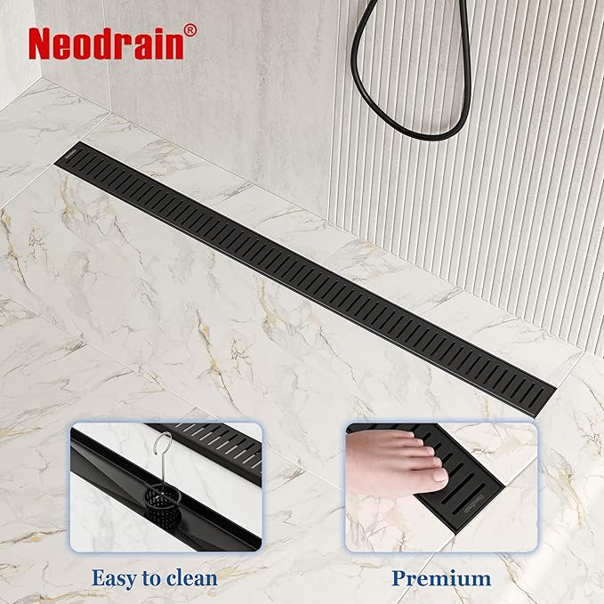 Neodrain 32" Matte Black Bathroom Linear Shower Drain with Removable Capsule Pattern Grate, 304 Stainless Steel Shower Floor Linear Drain- CUPC Certified with Hair Strainer