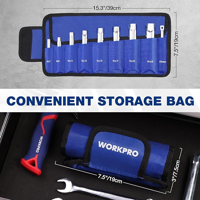 WORKPRO 9-Piece Shower Valve Socket Wrench Set with Bar Handle, for Bathroom Removal of Tub and Shower Valves, Home Plumbing Repairs, Double-Ended, Storage Bag Included