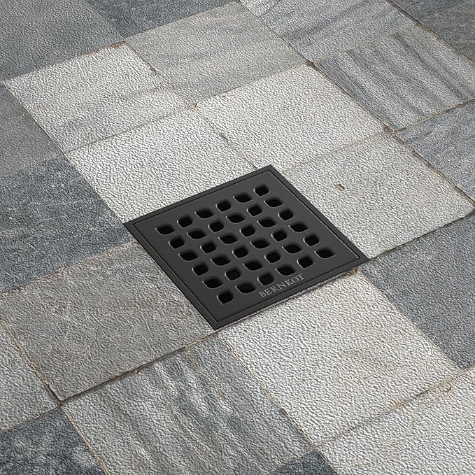 Square Shower Drain, 4" Matte Black 304 Stainless Steel Drain Grate Removable Drain Key with PVC Bonding Flange Base for Low Profile Floor Tiles, CUPC Certified