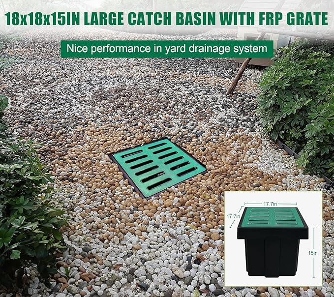Catch Basin for Drainage with Fiber Glass Grate-18x18x15 in. Large Drainage Basin with Debris Basket,A15 French Drain Basin Without Reserved Hole for Yard,Downspout,Lawn,Municipal Pipeline
