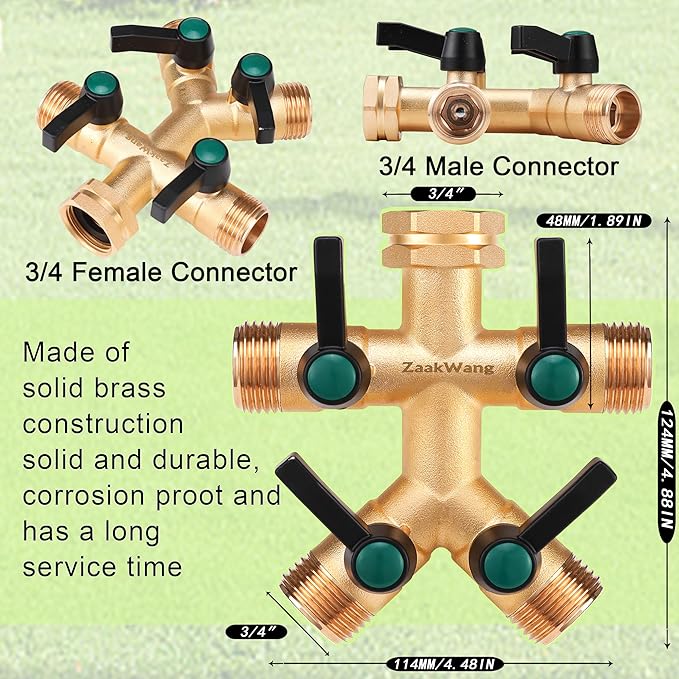 Garden Faucet Splitter, 4 Way Hose Splitter, Multi-Directional High Output Outdoor Splitter, 3/4" GHT Thickened Hex Inlet, Heavy Duty Solid Brass Spigot Adapter with Comfort Extension Handles