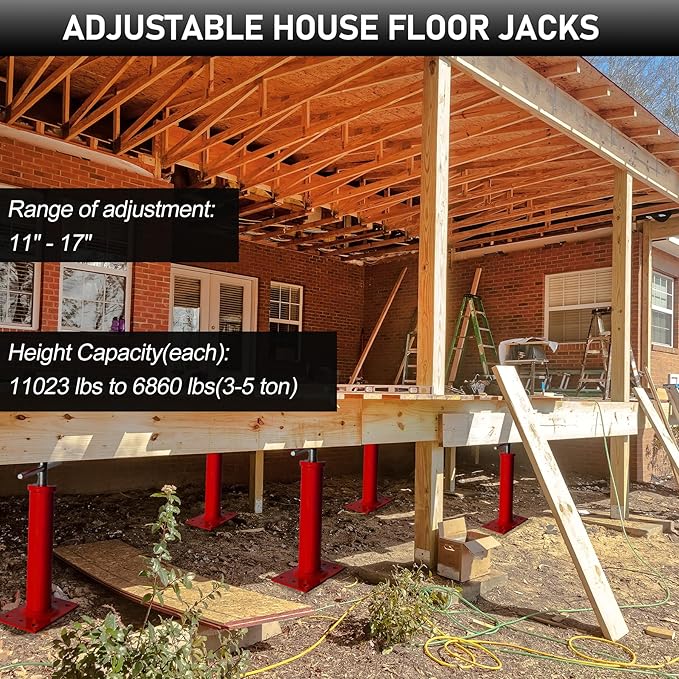 House Jacks for Leveling, 2 PCS Adjustable Jack Post 11"-17" Basement Floor Jack, Screw Floor Jack Post Supports Stabilizer Jacks for House Foundation, Stairs, Porches, Roof Beams