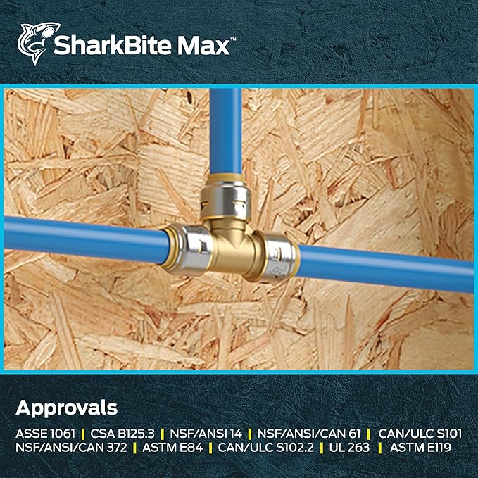 SharkBite Max 1/2 Inch Tee, Push to Connect Brass Plumbing Fitting, PEX Pipe, Copper, CPVC, PE-RT, HDPE, UR362A