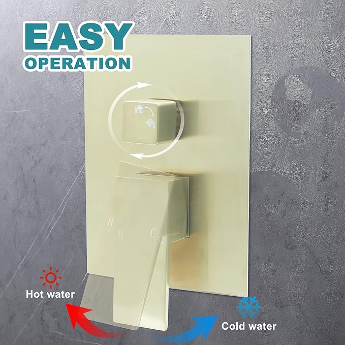 2 Way Outlet Shower Diverter Valve, Drettyer 2 Handle Shower Mixer Rough Brass Valve Kit Replacement in Brushed Gold