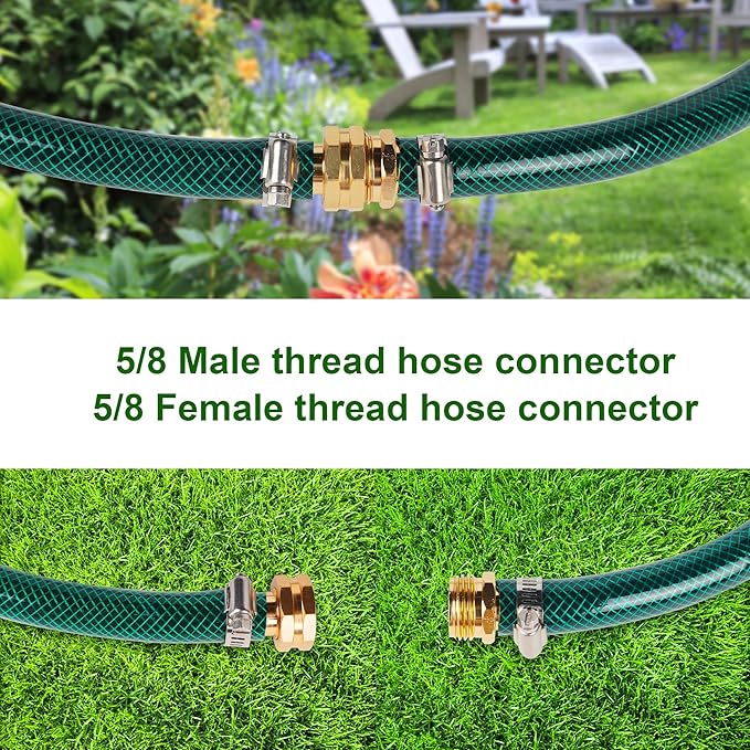 Biswing Garden Hose Repair Connector with Clamps, 5/8" Barb x 3/4" GHT Thread Aluminum Water Hose Pipe Repair Kit, Female and Male Hose Connectors with Stainless Steel Clamp, 2 Pack