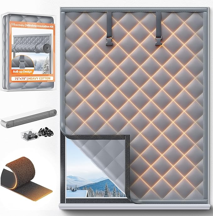 Window Insulation for Winter 75”×79” Windows Insulation Kit Thermal Insulated Window Cover Fit Max Size 74”×78”with Hook & Loop Insulated Curtain for Winter Windows Blankets in Bedroom Attic RV - Gray