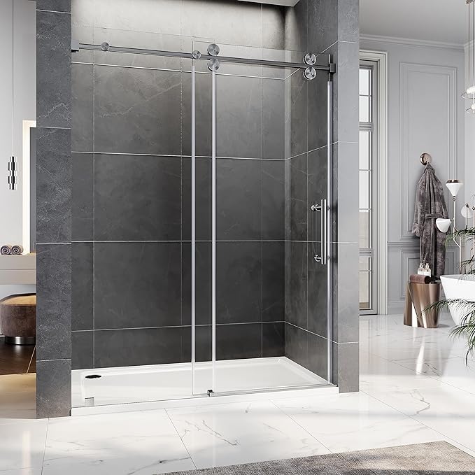 56-60 Inch x 80 Inch Sliding Frameless Shower Door, 3/8" Tempered Glass with Easy-Cleaning Coating, Stainless Steel Rollers & SGCC-Certified Stability, Space Gray