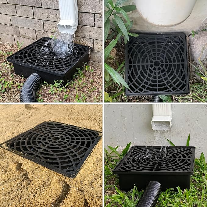Catch Basin Gutter Downspout Extensions, 12"×12" Low Profile Catch Basin Downspout Extender with 2" ID Flexible Pipe, No Deep Dig Needed, Rainwater Diverter, Pipe Stretched Length 8.2ft
