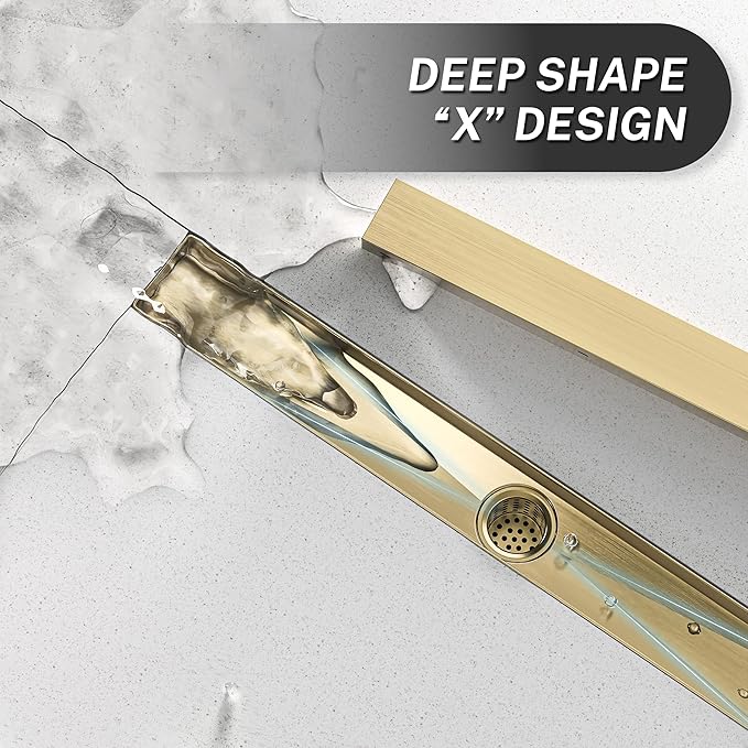 Linear Shower Drain.30 Inch Shower Trench Drain with 2-in-1 Flat Cover & Inser Cover,304 Stainless Rectangle Steel Shower Floor Drain with Hair Strainer and Leveling Feet (Gold, 30 in)
