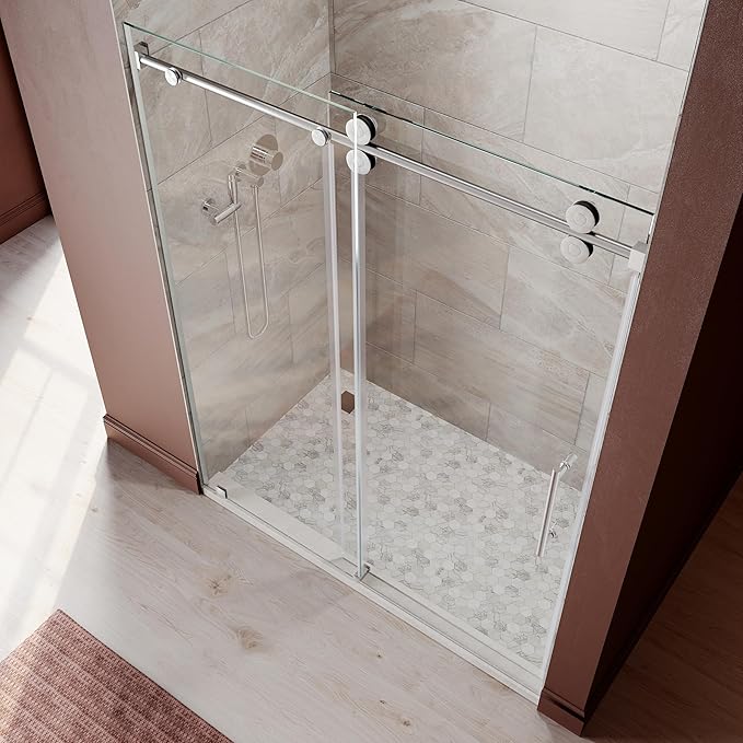 56-60 Inch x 76 Inch Sliding Frameless Shower Door, 3/8" Tempered Glass with Easy-Cleaning Coating, Stainless Steel Rollers & SGCC-Certified Stability, Brushed Nickel