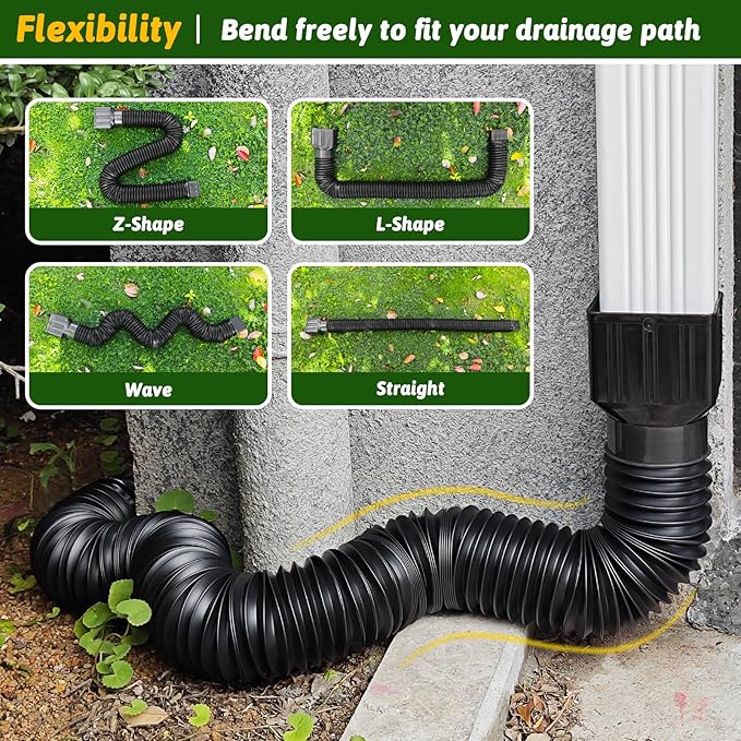 2 Pack Rain Gutter Downspout Extensions 60" with Filter, Corrugated Flexible Gutter Pipe, Downspout Diverter, Down Spout Drain Extension, Extendable from 20" to 60", Screws for Included, Black