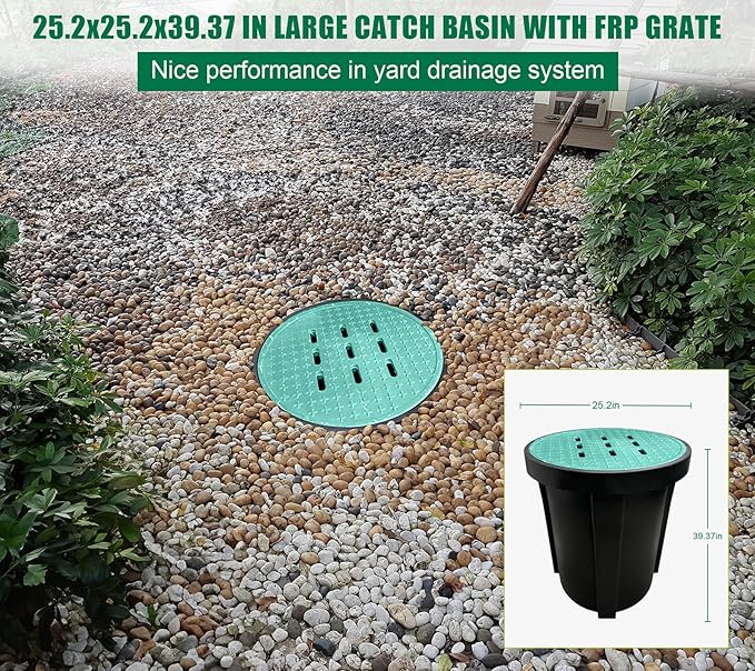 Catch Basin with Fiber Glass Grate-25x25x40 in. Round Catch Basin for Drainage with Debris Basket,French Drain Catch Basin Without Reserved Hole for Yard,Downspout,Lawn,Municipal Pipeline
