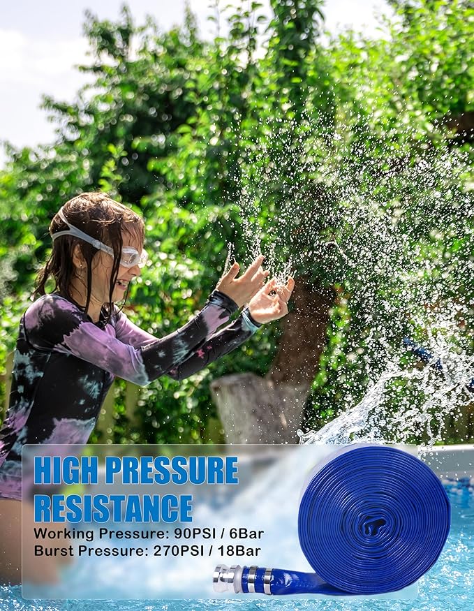ZYfire Backwash Hose - 2" x 50 FT PVC Lay Flat Discharge Hose with Aluminum Camlock C & E Fittings Heavy Duty Reinforced Pump Discharge Hose Weather and Burst Resistant for Pool Drain, Sump Pump