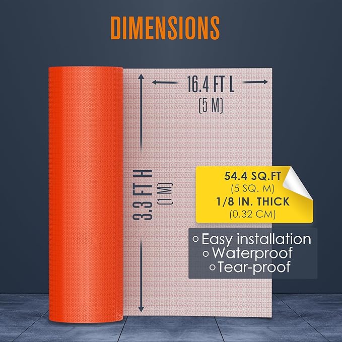 Houseables Uncoupling Membrane, Tile Underlayment, Tile Membrane, Flooring Underlayment, for Floor, Decoupling, Anti Fracture, Waterproof, Anti Crack, Vapor, 1/8" Thick, 3.3 ft x 16.4 ft / 54.5 Sq Ft