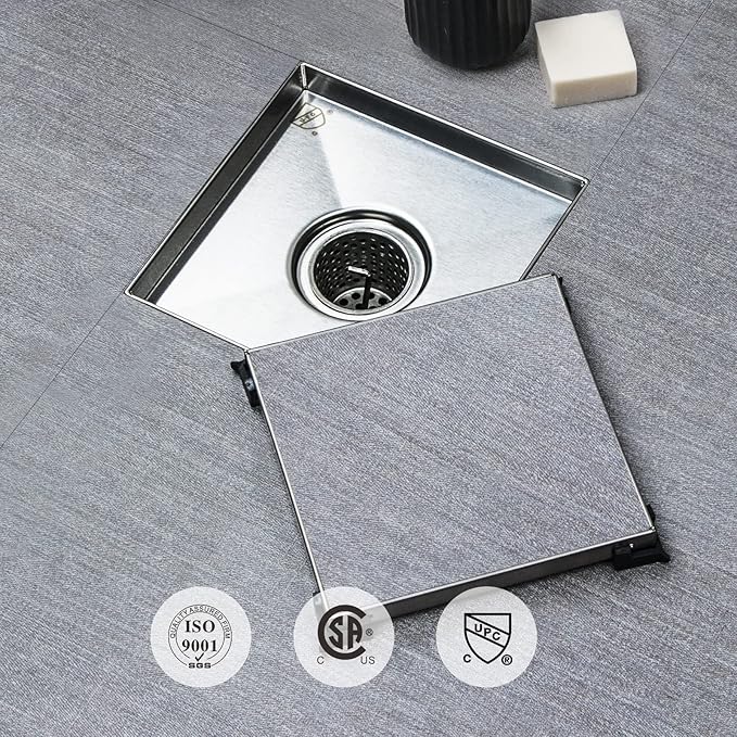 SaniteModar Square Shower Drain 4 inch Comes with Tiled Stealth and 304 Stainless Steel Brushed 2 in 1 Panels. The Shower Drain is Equipped Hair Filters and Threaded Joint with Rubber Seal