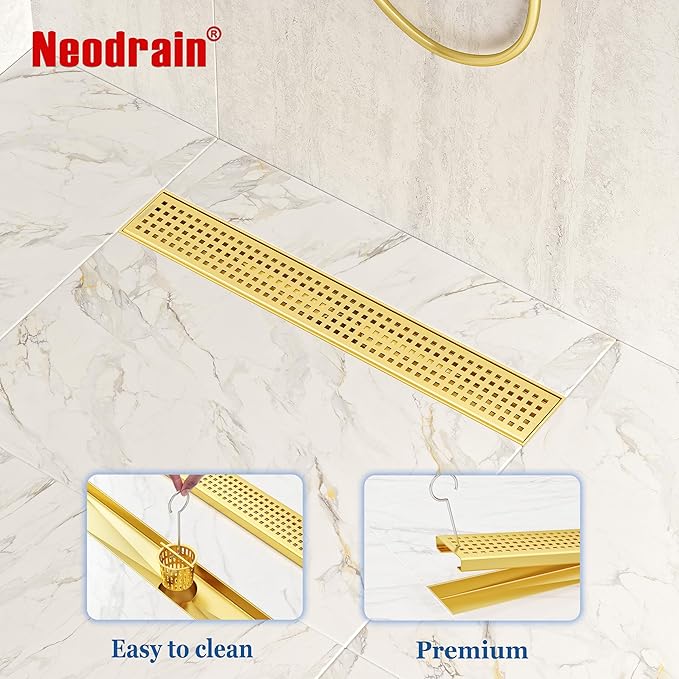 Neodrain 18-Inch Brushed Brass Linear Shower Drain with Removable Quadrato Pattern Grate,Professional 304 Stainless Steel Gold Rectangle Shower Floor Drain Manufacturer,Linear Drainwith Hair Strainer