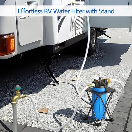 4-Layer RV Water Filter with Stand and 7,000 Gallons Capacity, 3/4" GHT Metal Threads Inline Water Filter, Removes Sediments, Chlorine, PFAS, PFOS, VOCs, Heavy Metals, Bad Taste, Odor, and More