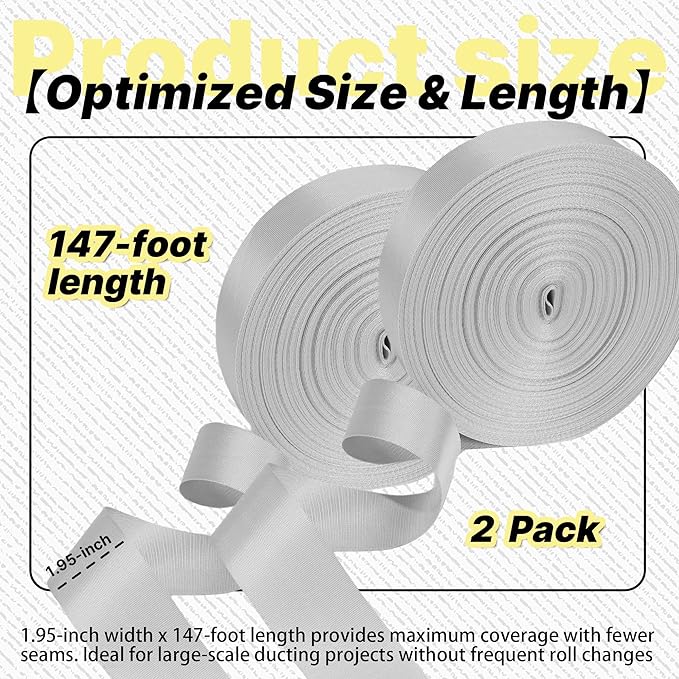 2 Pack Heavy Duty Duct Strap – 1.95 in x 147 ft Grey Nylon Strapping for HVAC Duct, Durable Wrap Support Band for Building & Home Improvement