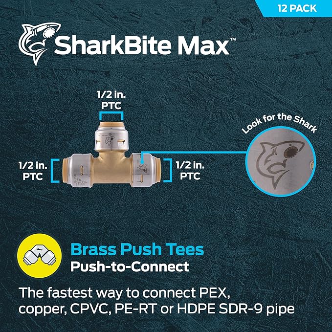 SharkBite Max 1/2 Inch Tee, Pack of 12, Push to Connect Brass Plumbing Fitting, PEX Pipe, Copper, CPVC, PE-RT, HDPE, U362LFA