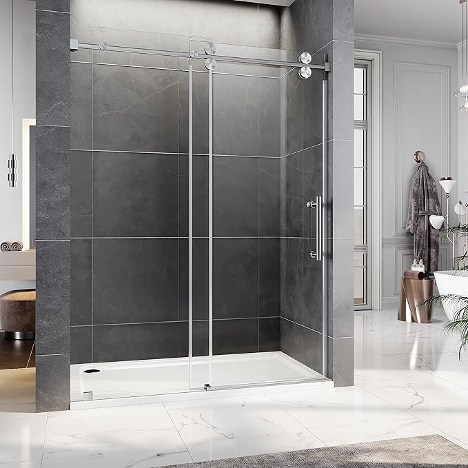 56-60 Inch x 80 Inch Sliding Frameless Shower Door, 3/8" Tempered Glass with Easy-Cleaning Coating, Stainless Steel Rollers & SGCC-Certified Stability, Brushed Nickel