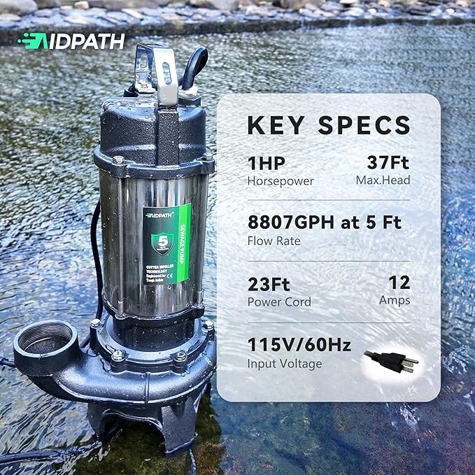 8807 GPH, 1 HP Sewage Sump Pump Submersible, Auto Float Switch, 115V, 2" NPT Discharge for Basement, Trash, Sludge, Septic Tank, Sewer, SS Pump Casing, E-Coated Semi-Open Cast Iron Impeller