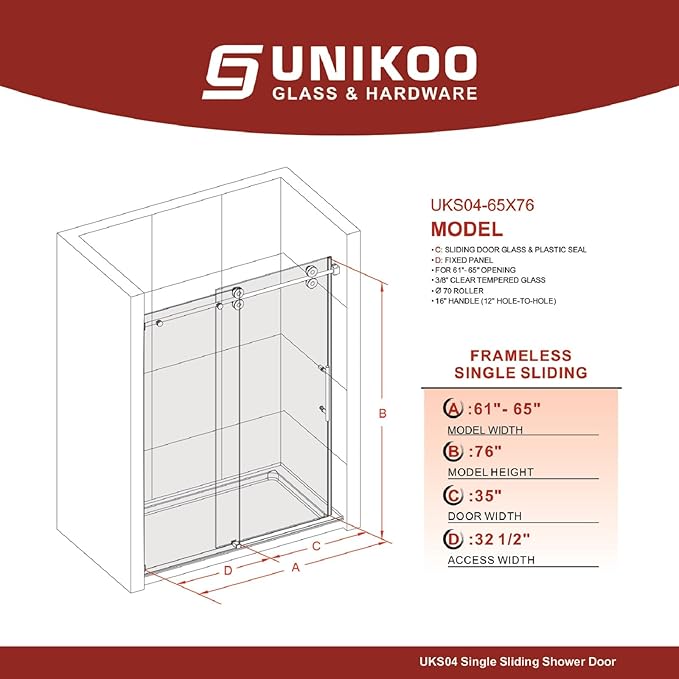 61-65 Inch x 76 Inch Sliding Frameless Shower Door, 3/8" Tempered Glass with Easy-Cleaning Coating, Stainless Steel Rollers & SGCC-Certified Stability, Bright Chrome